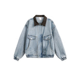 Loose Faded Turn Down Collar Work Denim Jacket For Men Women